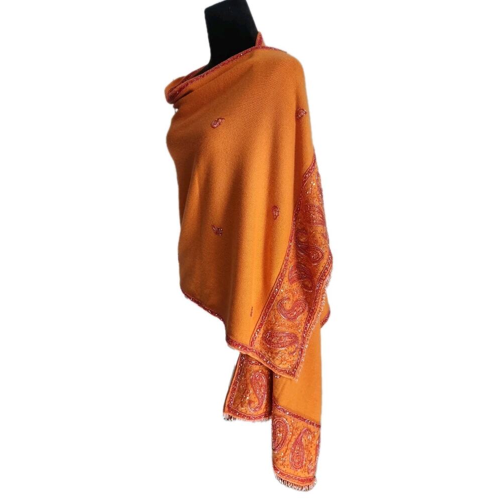 Unbranded Heavy Large Ethnic Orange Knit Beaded Scarf Shawl 23" × 71" - Picture 2 of 6